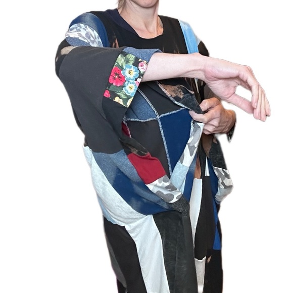 Patchwork bleached tunic dress handmade upcycle one size raw hem neckline - Picture 2 of 7